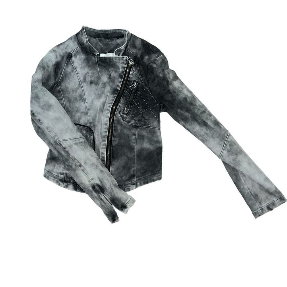 COCO G Black & Grey Asymmetric Acid Wash Denim Jacket Size S